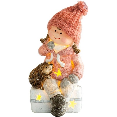 MagicHome Postavička Dievčatko sediac na taburetke s ježkom 1 LED polyresin 10,5x10,5x19,5 cm