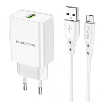 BOROFONE BN5 Sunlight Бяло мрежово зарядно устройство, QC 3.0, 18W, включен USB към MicroUSB кабел (BRBN530WH) (BRBN530WH)