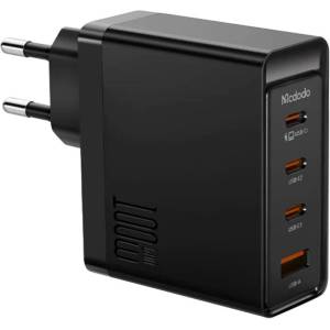 McDodo GaN Wall Charger 100W - захранване за ел. мрежа за ла то и, смартфони и таблети с USB-A и 3xUSB-C изходи за зареждане на мобилни устройства (черен)