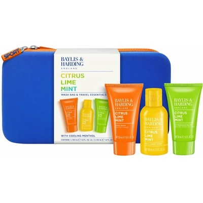 Baylis & Harding Men's Citrus Lime & Mint umývací gél na telo a vlasy 100 ml + umývací gél na tvár 50 ml + balzam po holení 50 ml + kometická taška 1 ks