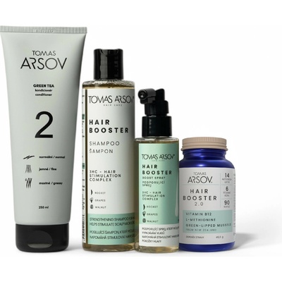 Tomas Arsov Podpora rastu pre nefarbované vlasy Hair Booster šampón 250 ml + Green Tea Kondicionér 250 ml + Hair Booster sprej 110 ml + Hair Booster 2.0 Doplnok stravy 90 kapsúl set