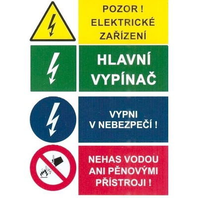Značení 54 Pozor el.zařízení,hl.vypínač,vypni v nebezpečí,nehas vodou7,5x10,5cm