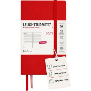 Leuchtturm1917 Daily Calendar 2027 Pocket (A6) - English, Cherry, 90 x 150 mm, January-December (12 months), 1 page per day, hourly grid 7: 00-22: 00, hardcover, 80 g/m2 paper - 400332 (400332)