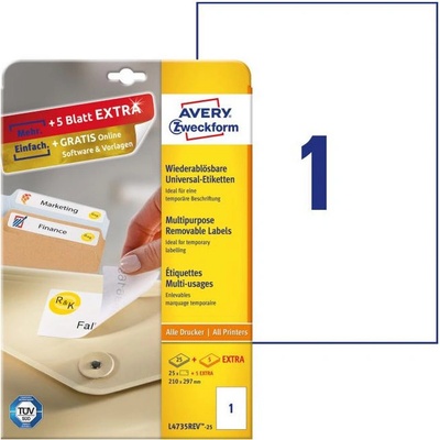 Avery-Zweckform L4735REV-25 210 x 297 mm papier biela 30 ks premiestniteľné univerzálne etikety atrament, laser, kópie; L4735REV-25