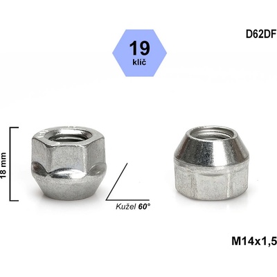 Kolová matice M14x1,5 kužel otevřená, klíč 19, D62DF, výška 18 mm – Zboží Mobilmania