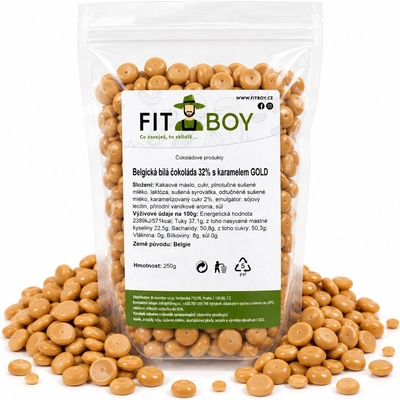 FITBOY Belgická biela čokoláda 32% s karamelom GOLD 250g
