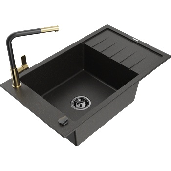 Mexen Elias гранитна мивка с 1 отделение с капковка и кухненски смесител Flora, черен/златист металик - 6511-75-670401-57-B (6511-75-670401-57-B)
