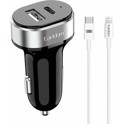 Earldom Зарядно устройство за кола Earldom ES-CC14, 1xUSB, 1xType-C, С PD Lightning кабел, Черен - 40355