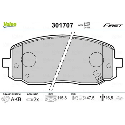 Sada brzdových destiček, kotoučová brzda VALEO 301707