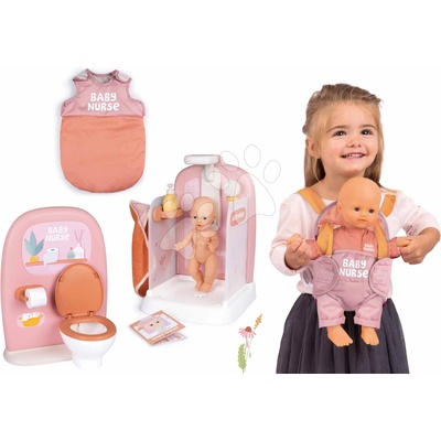 Smoby Set v dupačkách s funkčnou sprchou a záchodom Doll Baby Nurse s kúpeľňou a klokanka so spacím vakom