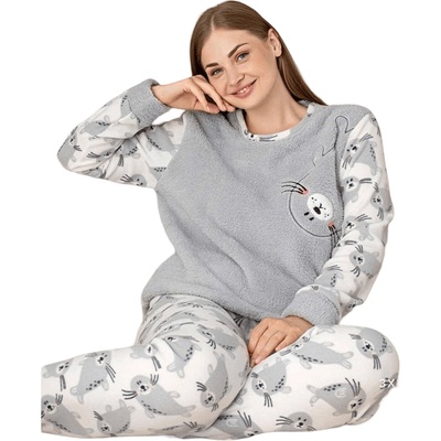 Дамска макси поларена пижама в бяло и сиво с тюленче