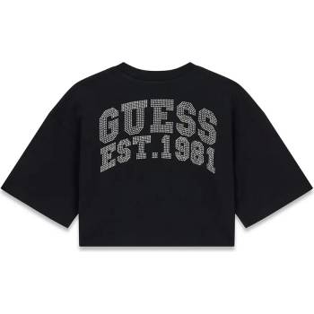 GUESS Черна къса тениска за момиче с камъни и кристали Guess