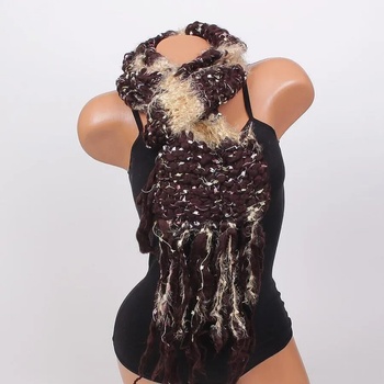 Image 1 of Ефектен плетен шал в тъмнокафяво и бежово с ресни