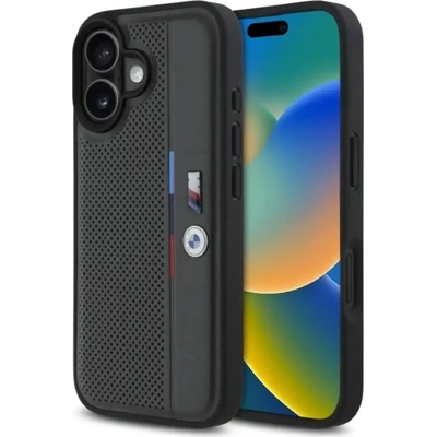 BMW Перфориран калъф за iPhone 16 BMW M с трицветни детайли - тъмно сив (3666339324087)