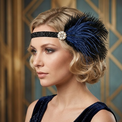 B-TOP Čelenka do vlasů s kamínky a peřím ve Vintage stylu - černá/modrá