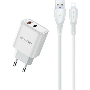 Awei PD81L-EU Променливотоково зарядно устройство USB+Type-C гнездо 22, 5W, PD бързо зарядно устройство + Lightning кабел, БЯЛО (PD81L-EU)