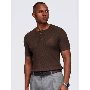 Ombre Clothing Мъжка плетена тениска с вискоза, тип henley - кафява V6 OM-TSCT-0304 Ombre Clothing Ombre Clothing | Kafyav | МЪЖЕ | S