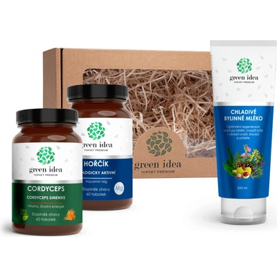 Green Idea Dárková sada Pro sportovní nadšence NOVÁ Cordyceps sinensis tobolky 60 ks+biologicky aktivní HOŘČÍK Aquamin Mg tobolky 60 ks+Chladivé bylinné mléko 200 ml dárková sada