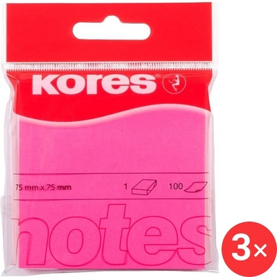 KORES 75 × 75 mm, 100 lístkov, ružový neón – balenie 3 ks