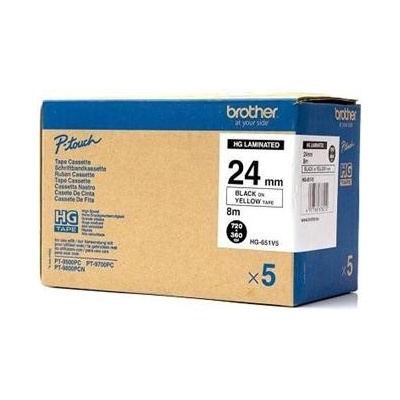 páska BROTHER HGe651 čierne písmo, žltá páska HQ Tape (24mm) (5 ks) (HGE651V5)