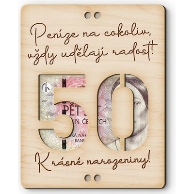 Dřevěná obálka na peníze - Krásné narozeniny 50