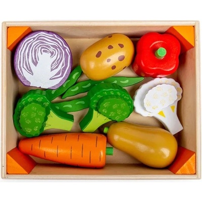 Bigjigs Toys Дървен комплект Bigjigs - Щайга за зеленчуци, с аксесоари (BJ477)