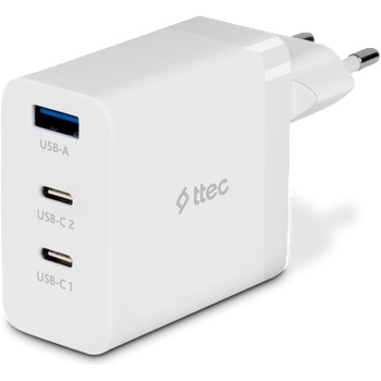 Ttec Зарядно 220V ttec SmartCharger Trio GAN 65W PD Travel Fast Charger 2 USB-C+USB-A - Бяло