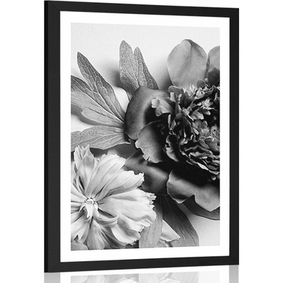Plakát s paspartou pivoňky v černobílém provedení - 40x60 no frame