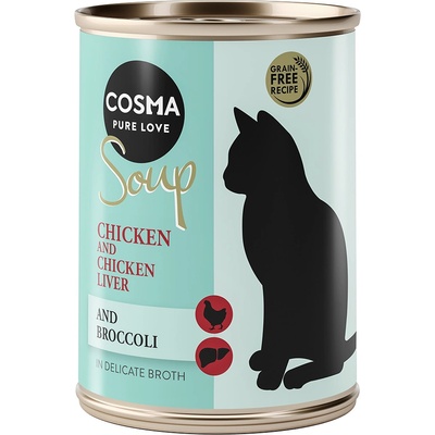 Cosma 6х100г Soup Cosma, консервирана храна за котки - пиле с пилешки дробчета и броколи