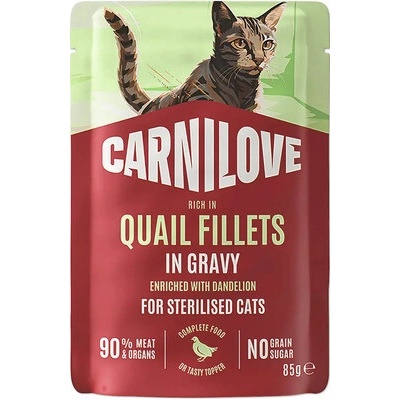 Carnilove Cat Pouch Gravy Quail prepelica + púpava v omáčke pre sterilizované mačky 85 g