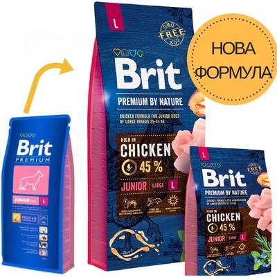 Brit premium junior l by nature [ НОВА, ПОДОБРЕНА ФОРМУЛА ] с 45% прясно пилешко месо 3 кг