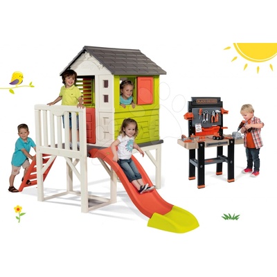 Smoby Set detský domček na pilieroch Pilings House s 1,5 m šmykľavkou+pracovná dielňa Black+Decker elektronická s vŕtačkou SM810800-14