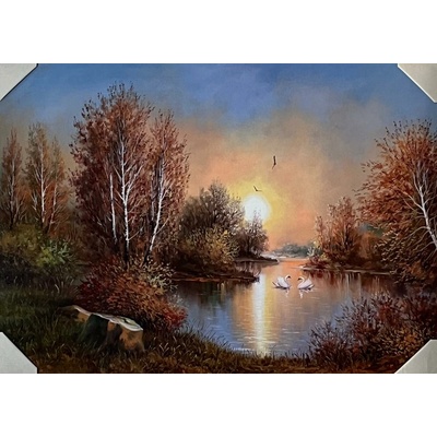Bondecor Obraz "Labutě na jezeře" - tisk na papír na MDF desku, 70 x 50cm