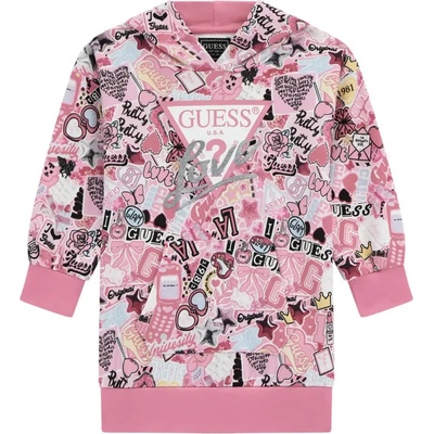 Guess Спортна цветна рокля с качулка и джобове за мини момиче със сребристо лого Guess