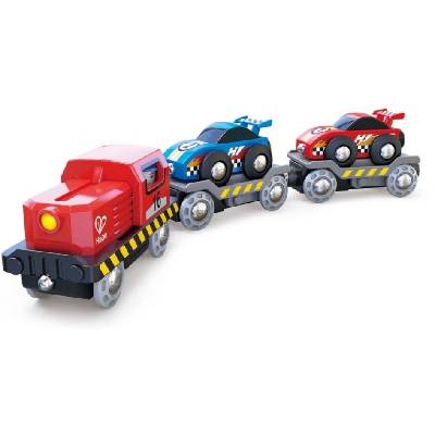 Дървена играчка Hape - Влакче с автовоз и 2 колички (H3735)