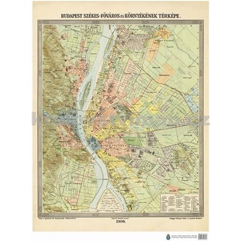 Budapešt 1906 - nástěná historická mapa - Mapa, lamino, stříbrný hliníkový rám