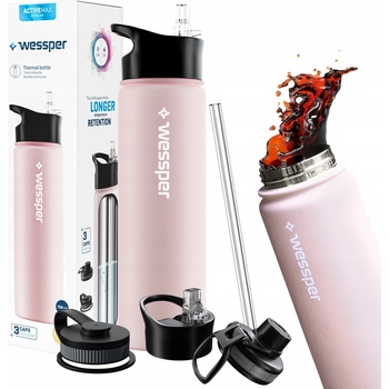 Wessper Láhev na pití z nerezové oceli nepropustná termoska Bpa Free se 3 víčky Růžová 700 ml