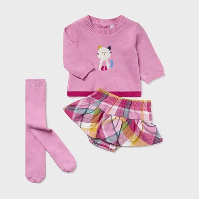 Mayoral Бебешки комплект пуловер в розово, карирана пола и чорапогащник Майорал