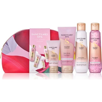 Sanctuary Spa Lily & Rose krém na ruky s vyživujúcim účinkom 30 ml + čistiaci telový peeling 100 ml + Sanctuary Spa Lily & Rose hydratačné telové mlieko pre suchú pokožku 150 ml + Sanctuary Spa Lily &