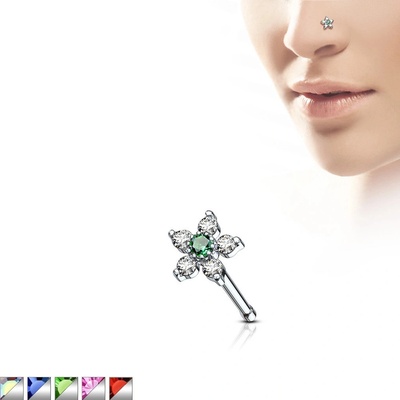 Šperky eshop rovný piercing do nosu z oceli blýskavý květ ze zirkonů barevný zirkon uprostřed O08.18 měděná čirá
