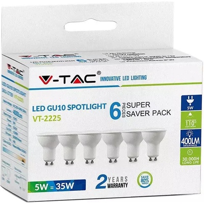V-TAC žiarovka LED GU10 4,5W, 3000K, 400lm, 6 balenie, VT-2225