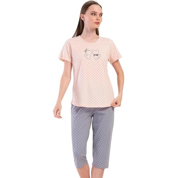 Дамска лятна пижама в розово и сиво с точки и котета
