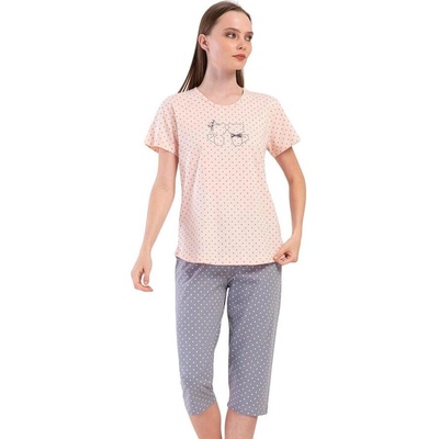 Дамска лятна пижама в розово и сиво с точки и котета