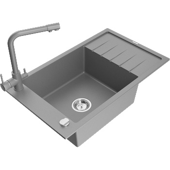 Mexen Elias гранитна мивка с 1 камера с отцедник и кухненски смесител Duero, сив - 6511-71-671600-71 (6511-71-671600-71)