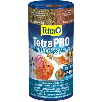 TETRA TetraPRO Multi-Crisps Menu - основна храна за всички видове декоративни рибки на хрупкави дискчета, комбинирана от 4 различни вида, за разнообразно хранене на рибките - 250 мл