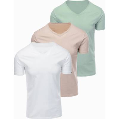 Ombre Clothing Мъжка памучна тениска BASIC с V-образно деколте - сив-зелена/бяла/бежова V14 OM-TSBS-0281 Ombre Clothing Ombre Clothing | Siv | МЪЖЕ | S