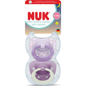 Nuk First Choice биберон залъгалка, силикон, 6-18 мес. , 2 бр. , Day&Night, момиче (10176384)