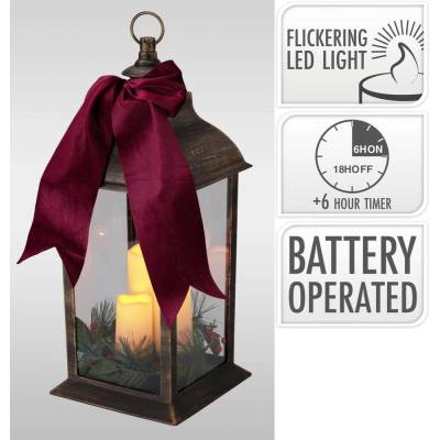 Lampáš svietnik s LED sviečkami 49 cm s časovačom plast/sklo medený efekt