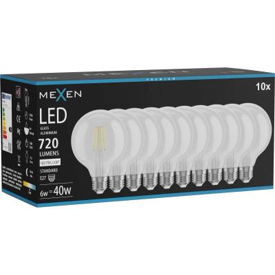 Mexen Vintis 10x LED филаментна крушка E27, G95, 6W, Неутрална - 4000K, 720 lm, прозрачна (L157-E27-0640-00x10)