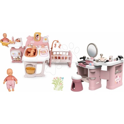 Smoby Set domček pre bábiku trojkrídlový a kozmetický stolík Large Doll´s Play Center Soft Baby Nurse s elektronickým fénom a 32 cm bábika